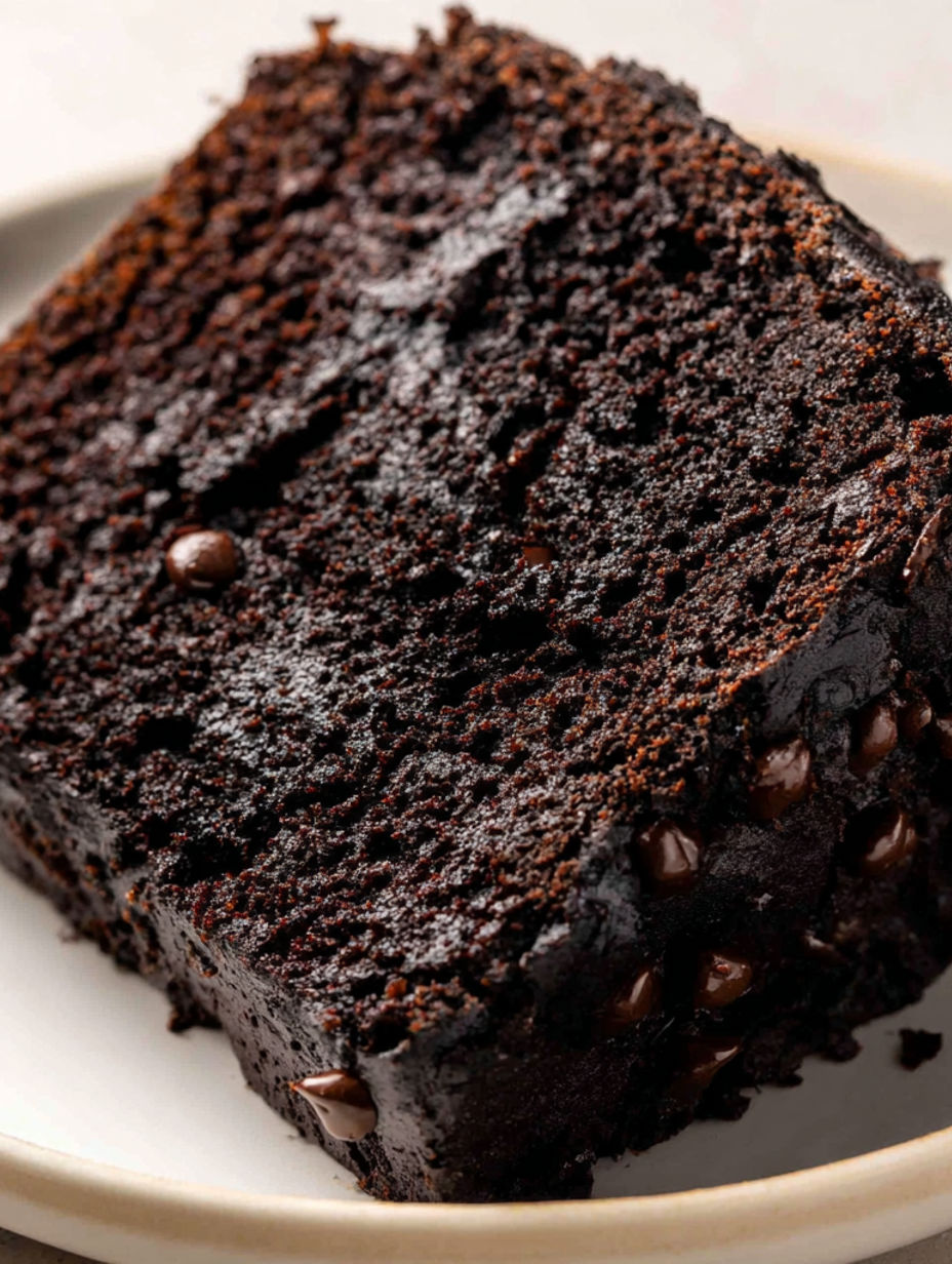A slice of chocolate cake with chocolate chips.
