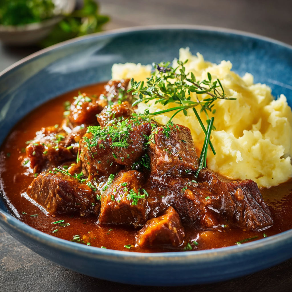 A bowl of meat and potatoes.