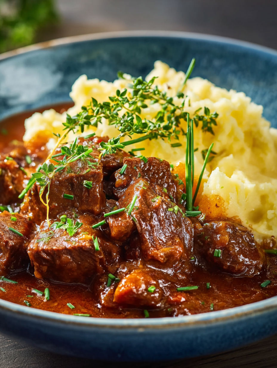 A plate of meat and potatoes.