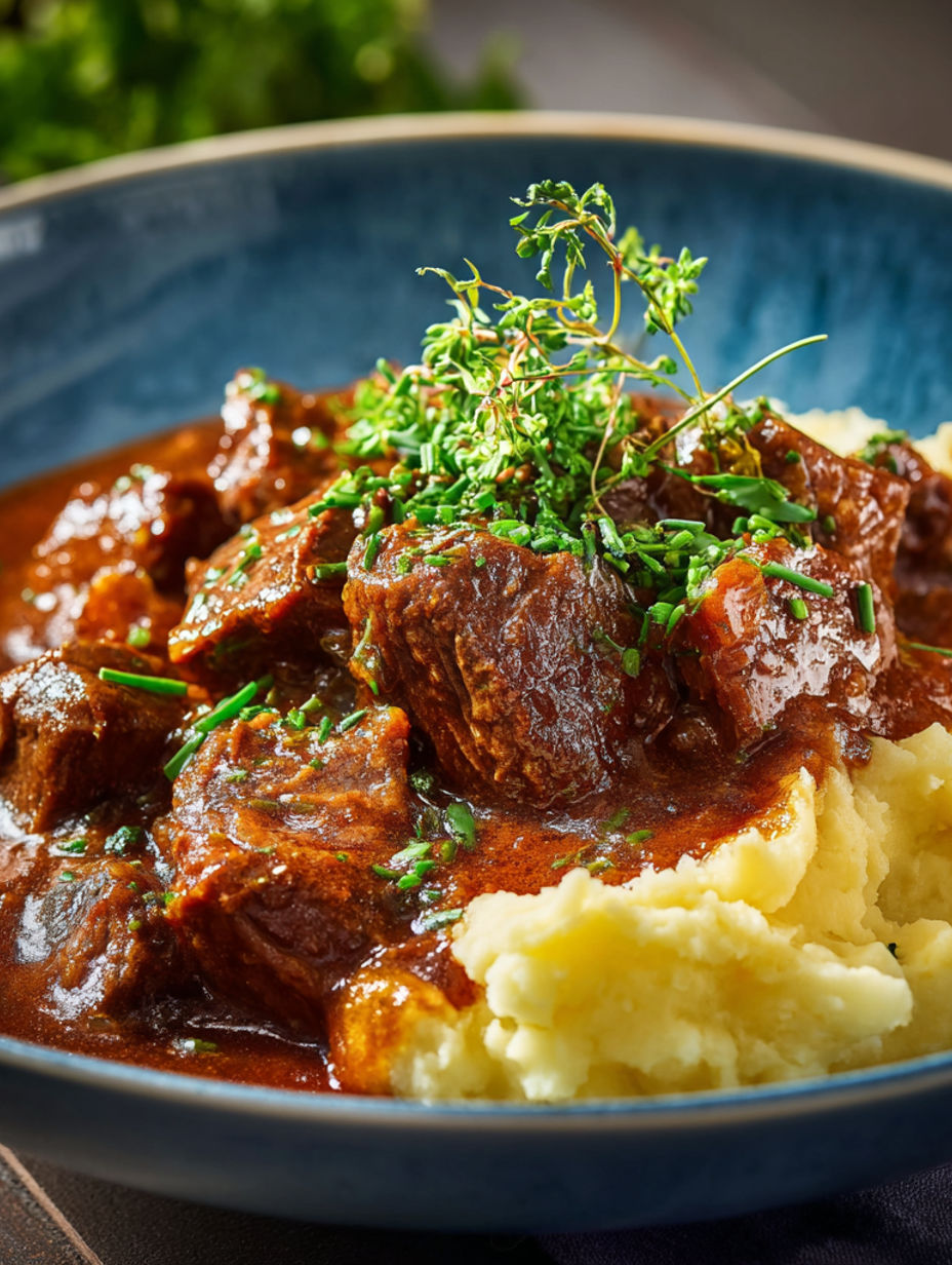 A bowl of meat and potatoes.
