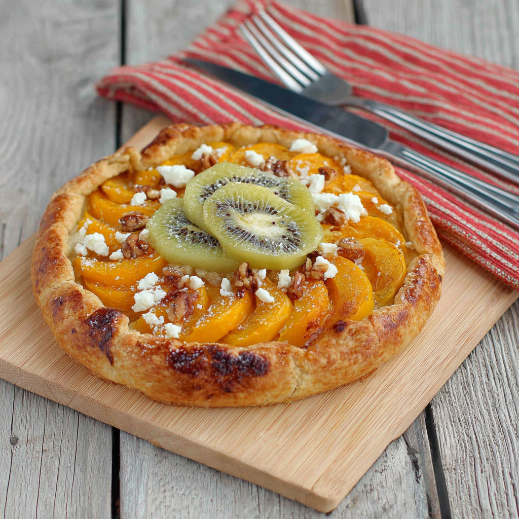 A slice of pizza with kiwi and blue cheese.