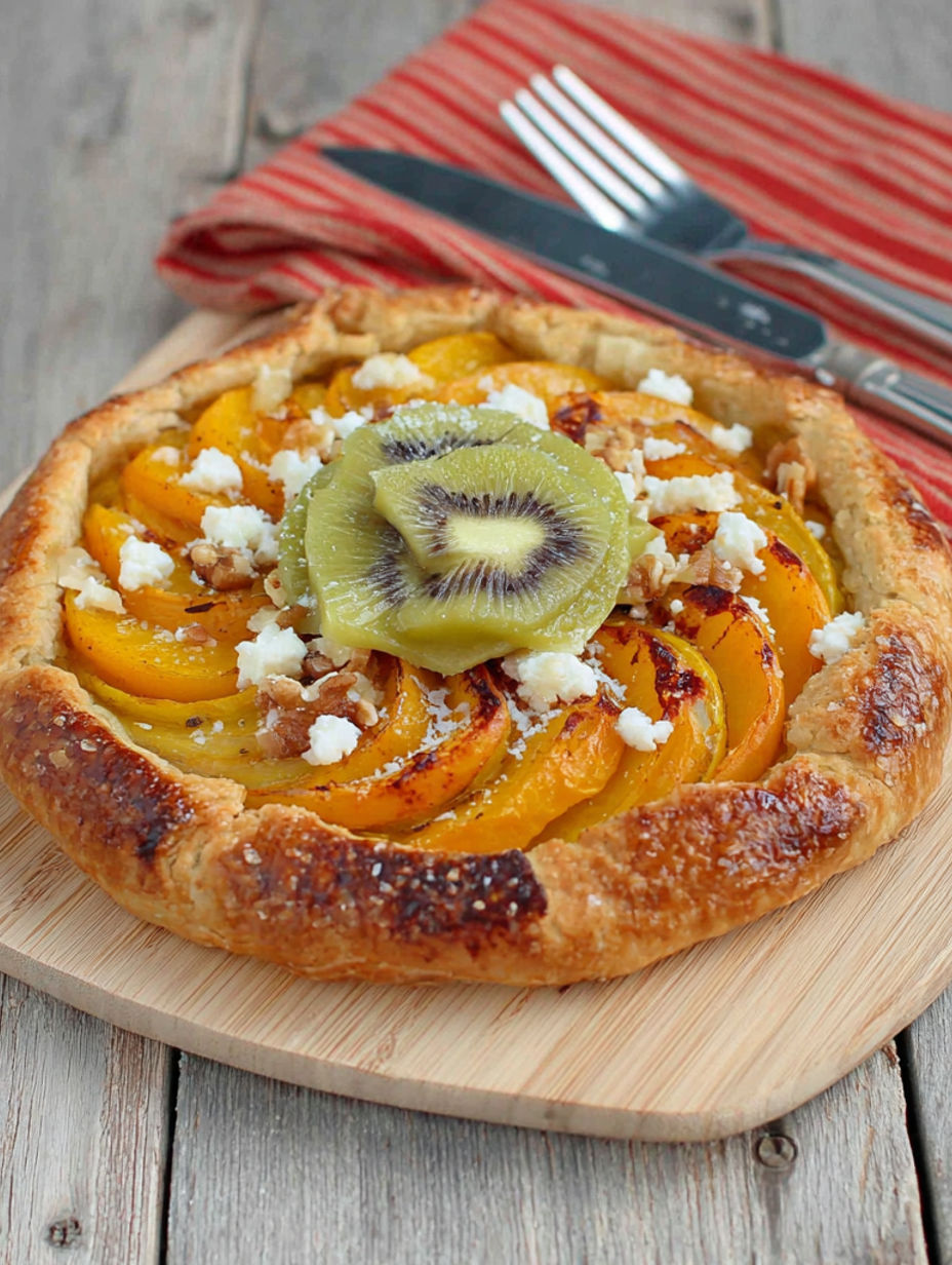 A pizza with kiwi fruit on top.