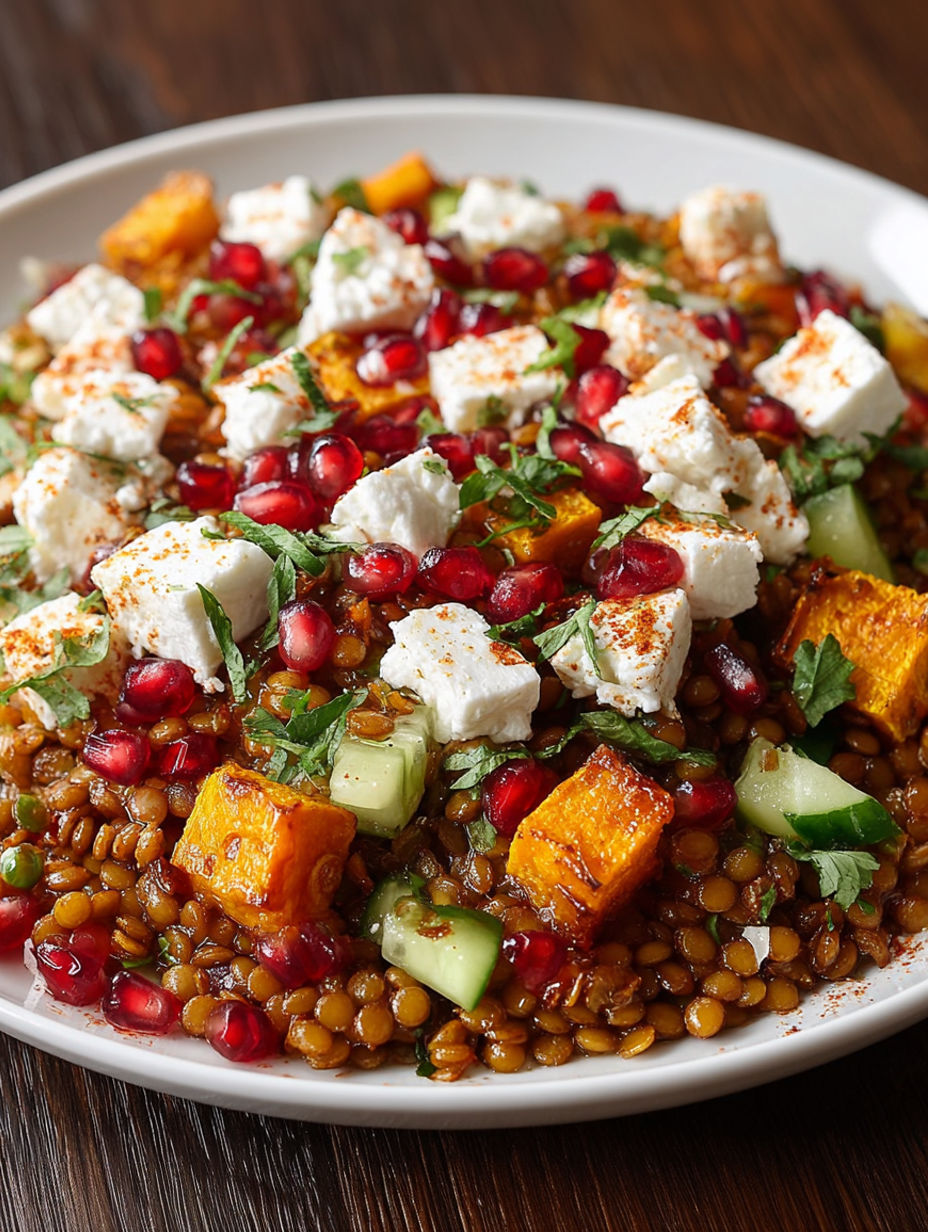 A plate of food with feta cheese, cucumbers, and pomegranates.