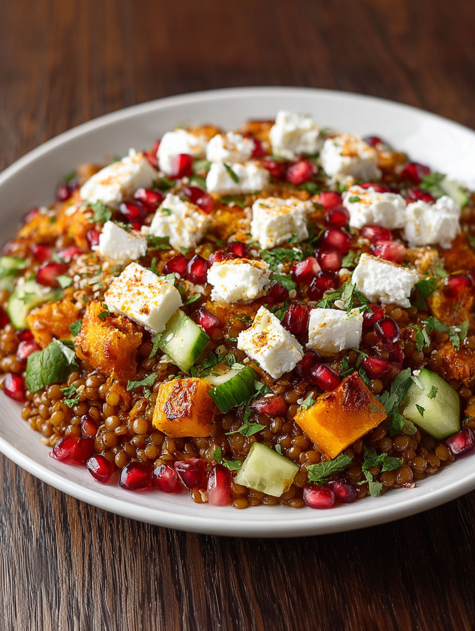 A plate of food with feta cheese and pomegranate seeds.