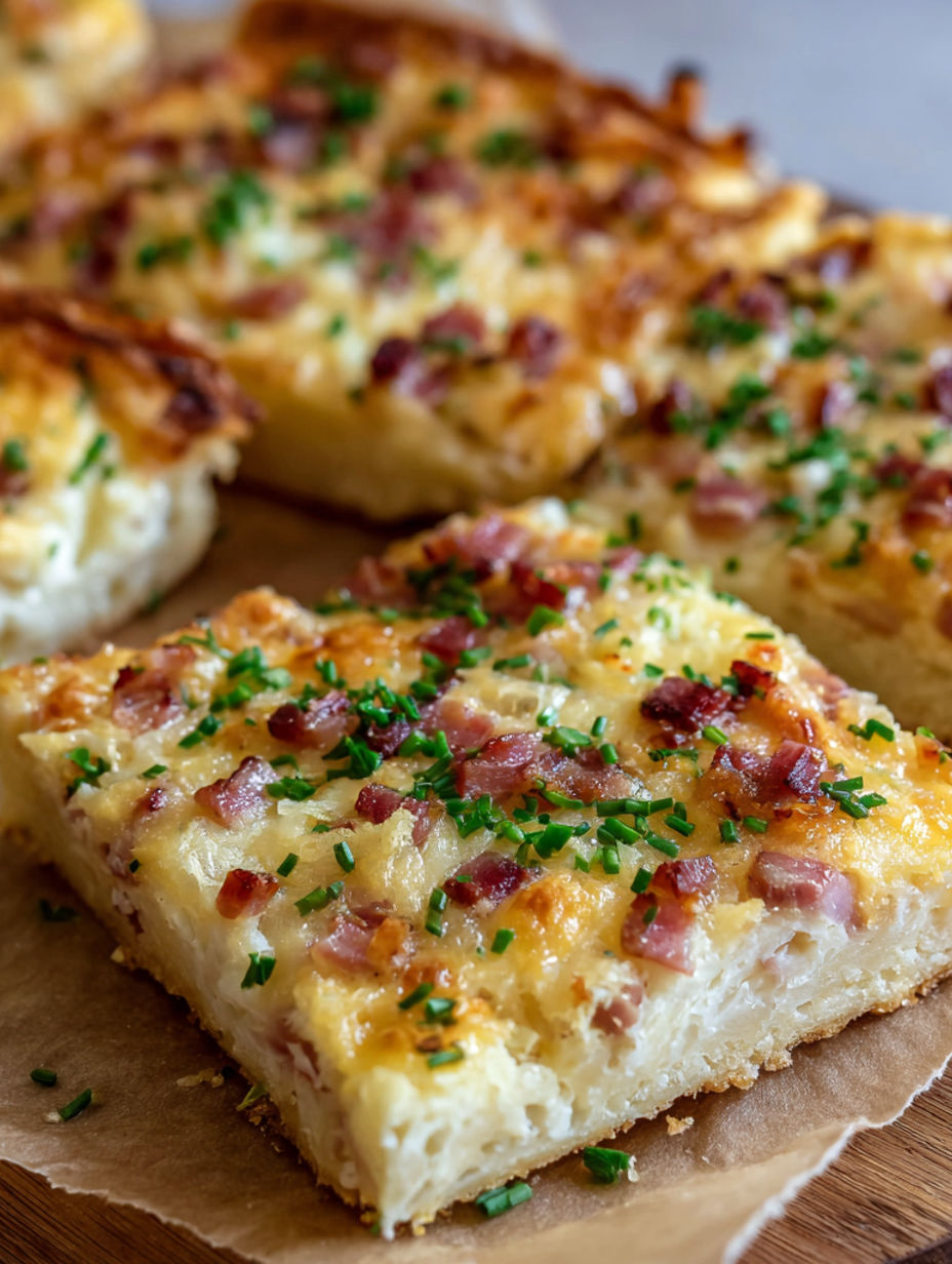 A slice of cheese and bacon pizza.