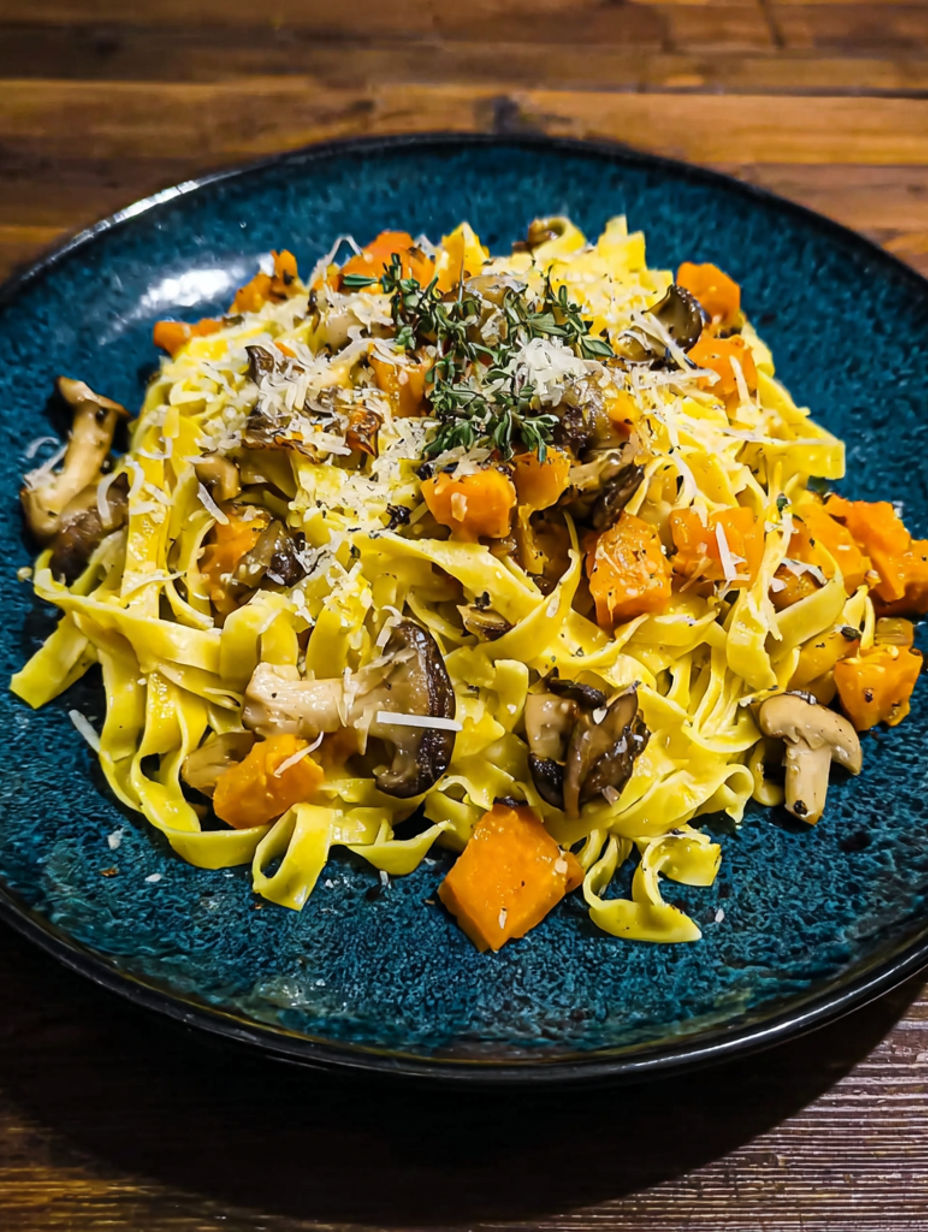 A plate of pasta with mushrooms and carrots.