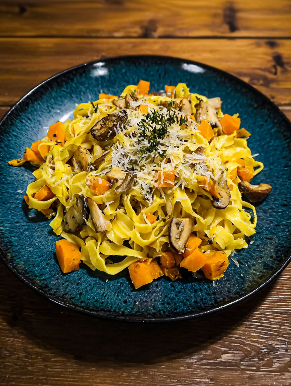 A plate of pasta with mushrooms and carrots.