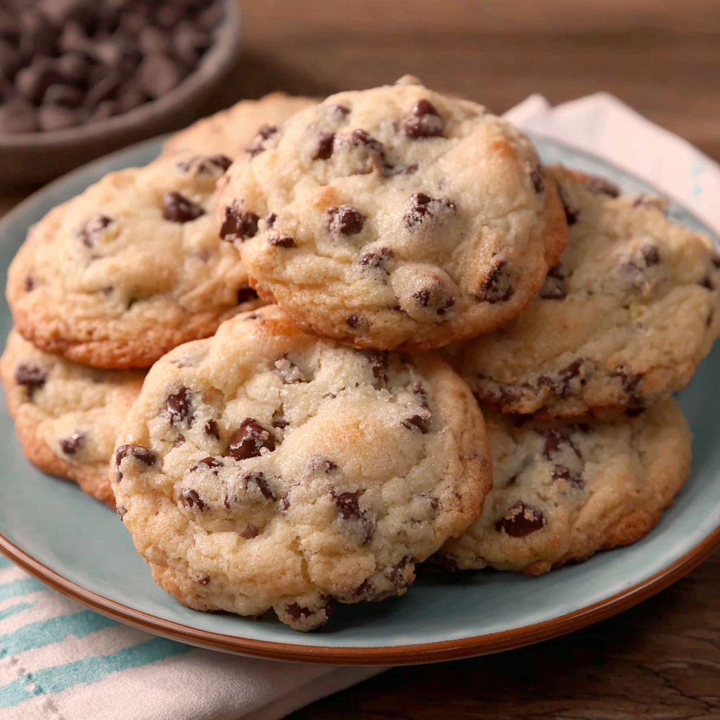 A plate of chocolate chip cookies with chocolate chips on top.