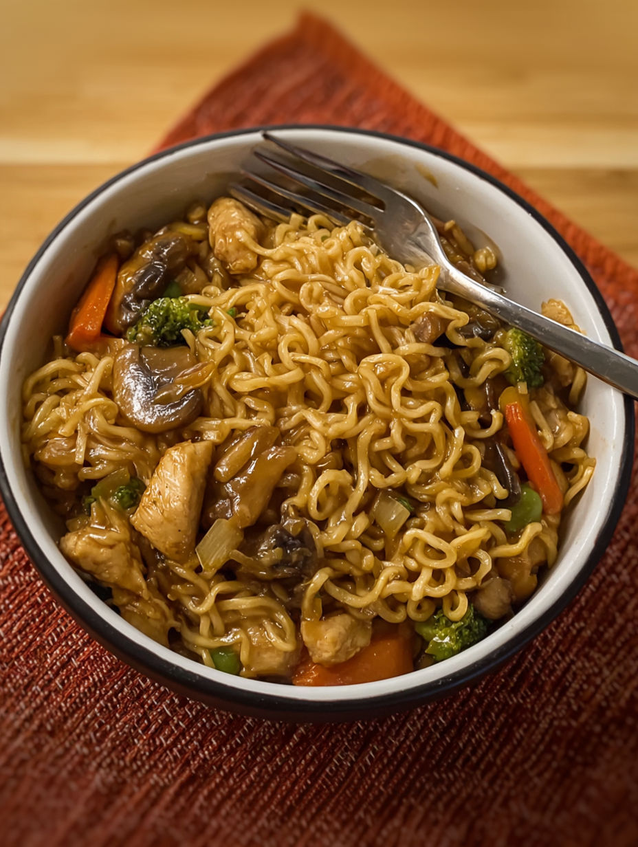 A bowl of chicken stir fry with noodles and vegetables.