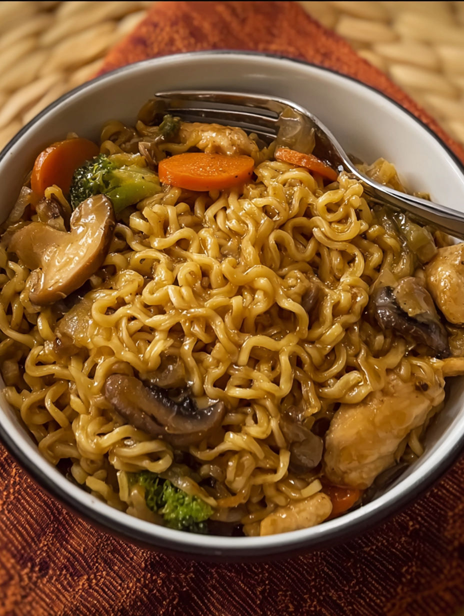A bowl of chicken ramen stir fry.