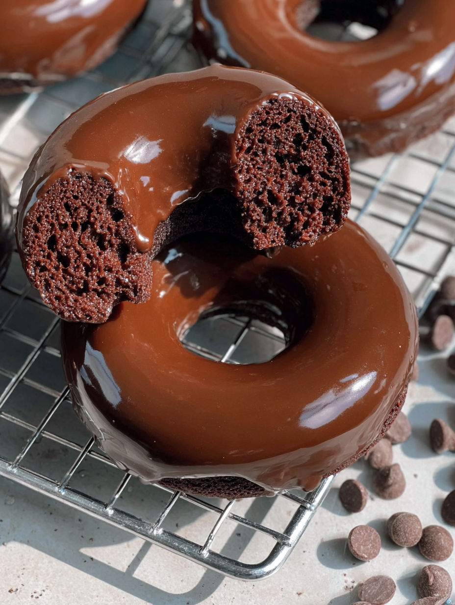 A chocolate donut with a bite taken out of it.
