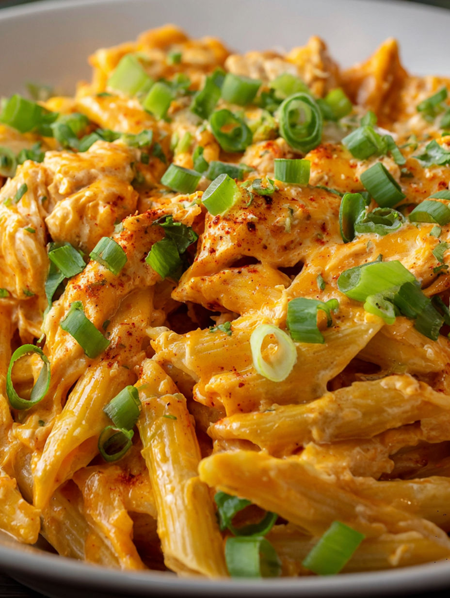 A dish of cremige buffalo chicken pasta with green onions.