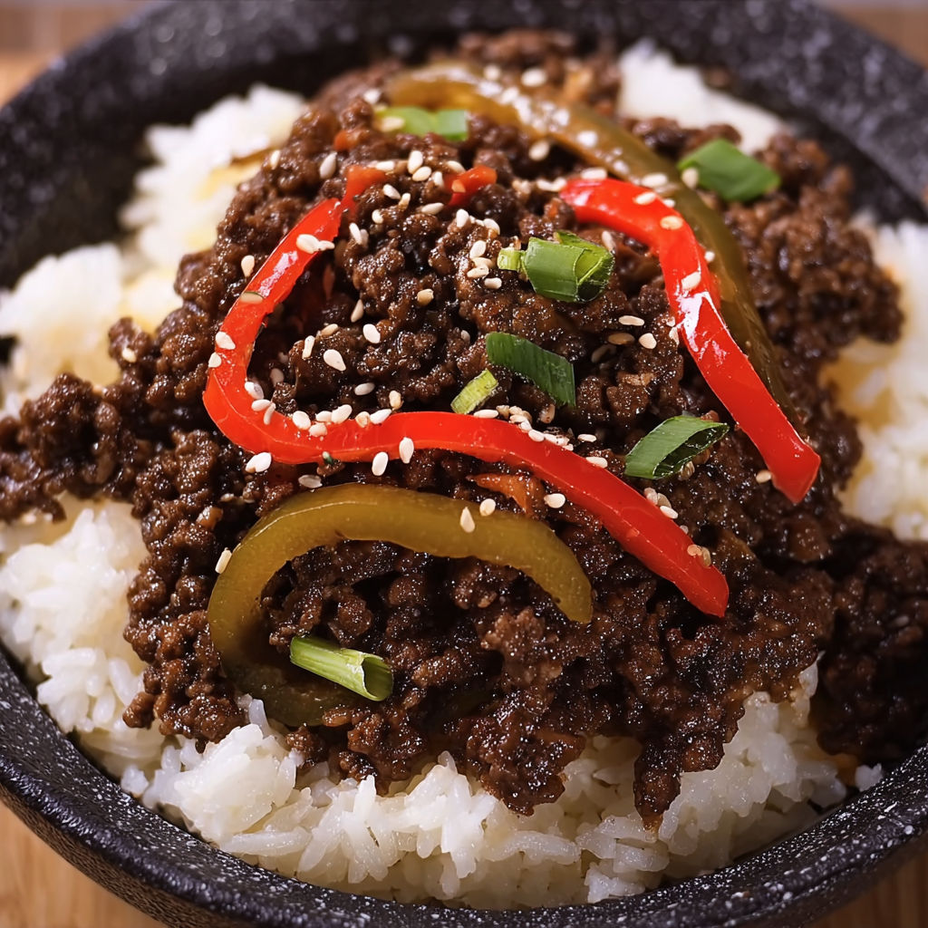 A bowl of beef and rice.