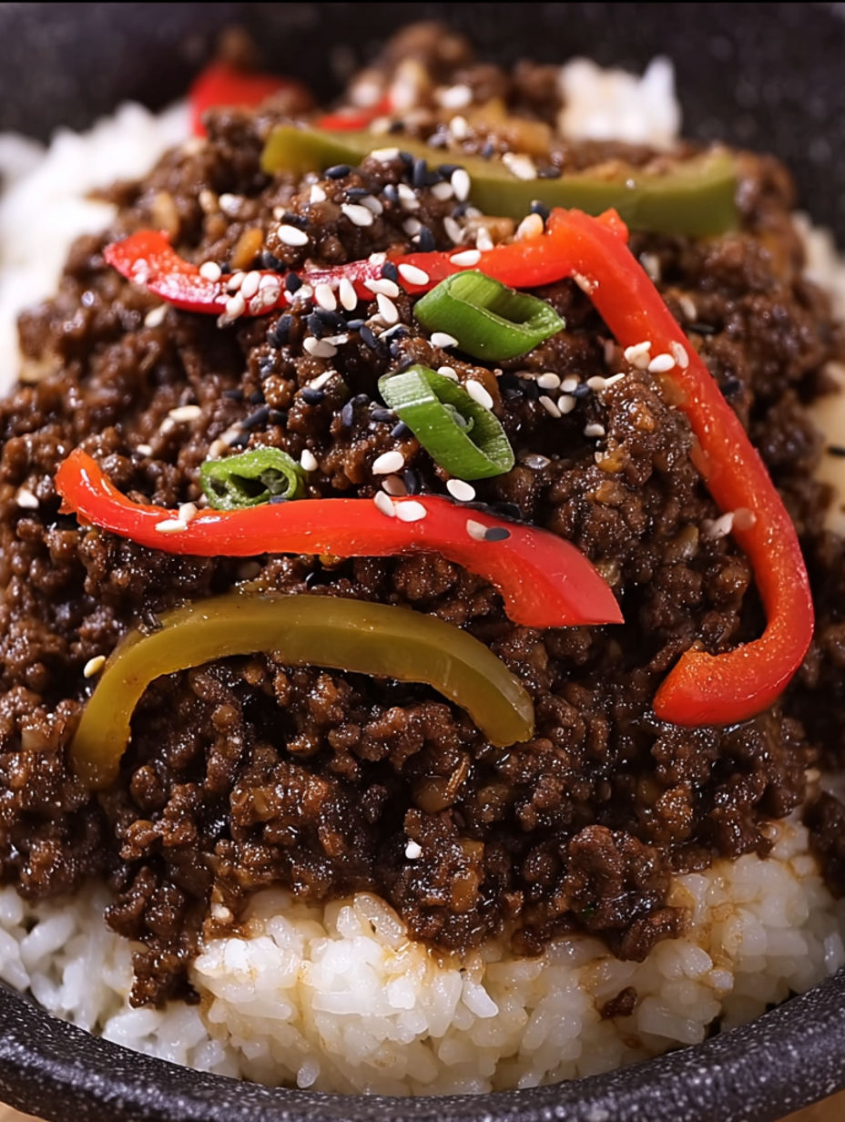 A bowl of beef with peppers and rice.
