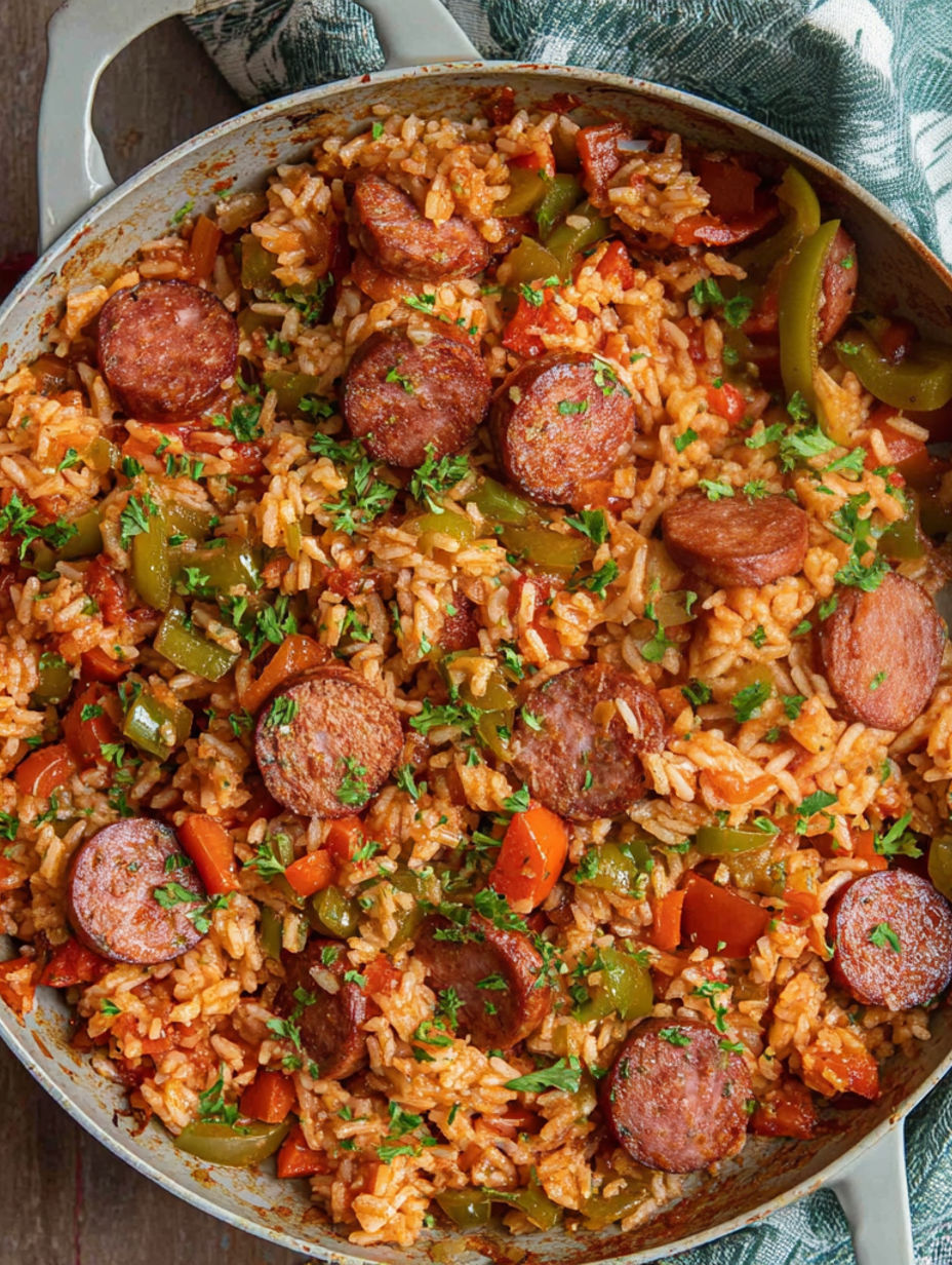 A plate of rice and sausage.