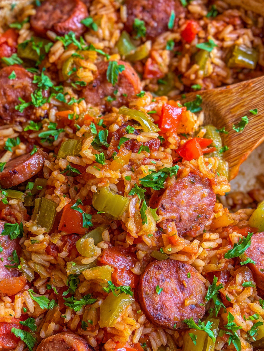 A plate of Cajun-Wurst mit Reis.