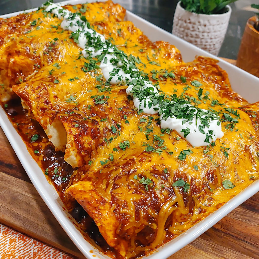 A white plate with a delicious looking bean and cheese enchilada.