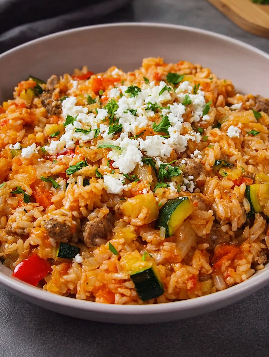 A bowl of rice with zucchini and feta cheese.