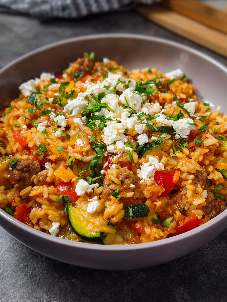 A bowl of rice with zucchini and feta cheese.