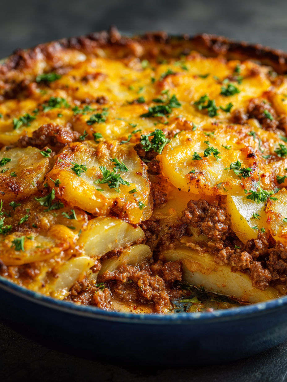 A dish of cheesy ground beef and potatoes.