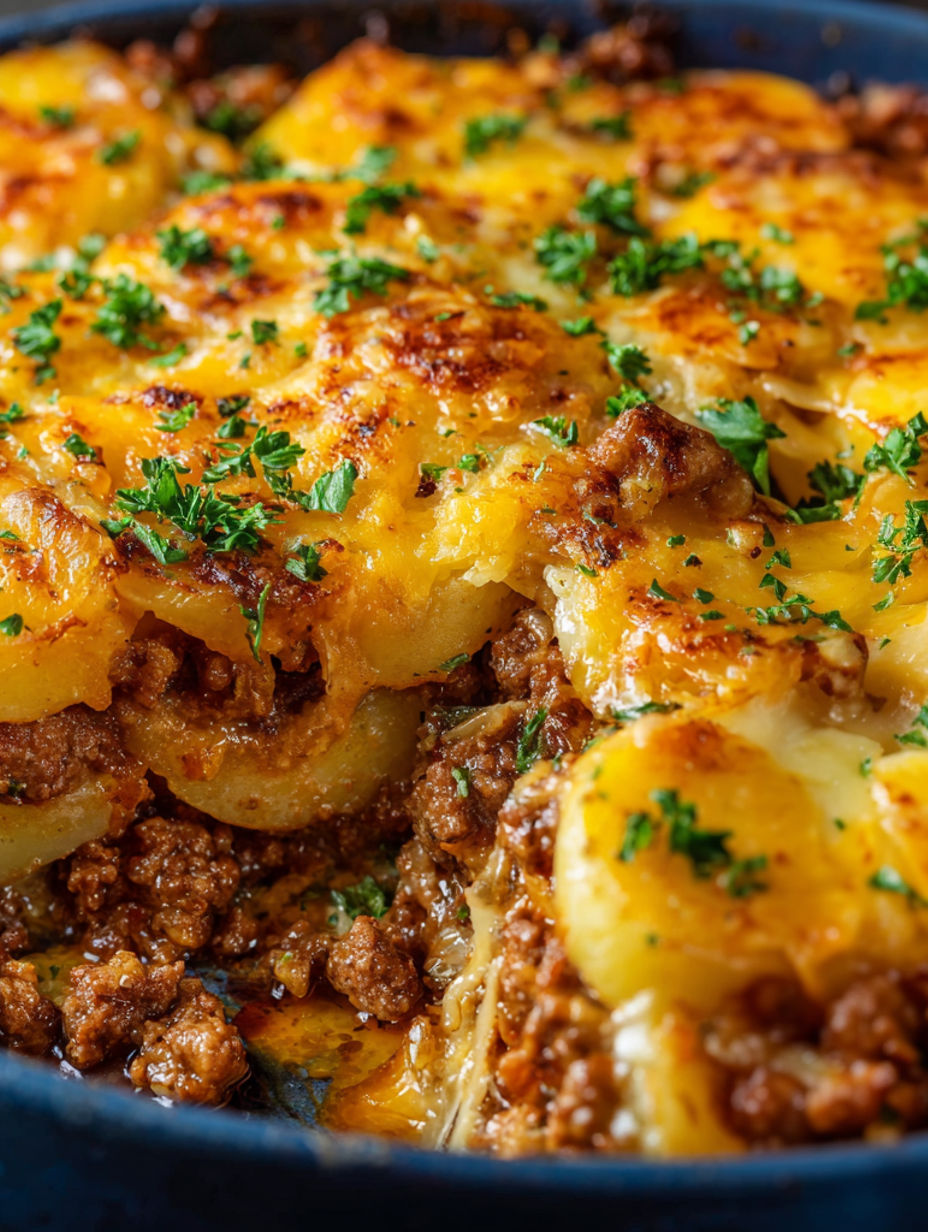 A delicious cheesy ground beef and potatoes dish.