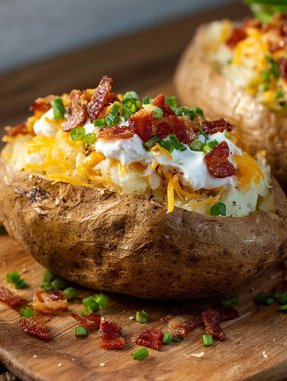 Twice baked potatoes with cheese and bacon.