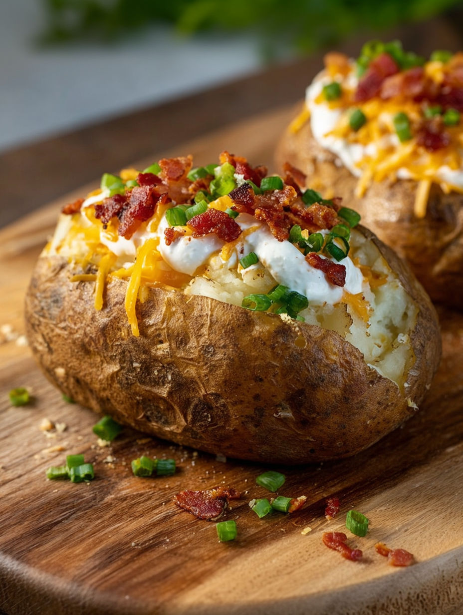 Twice baked potatoes with cheese and bacon.