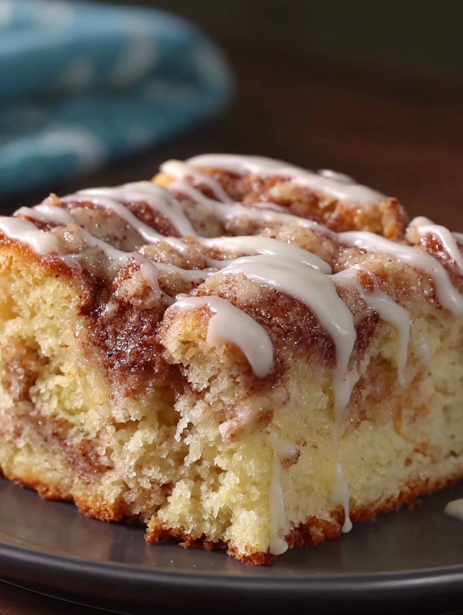 A slice of cinnabon cinnamon roll cake.
