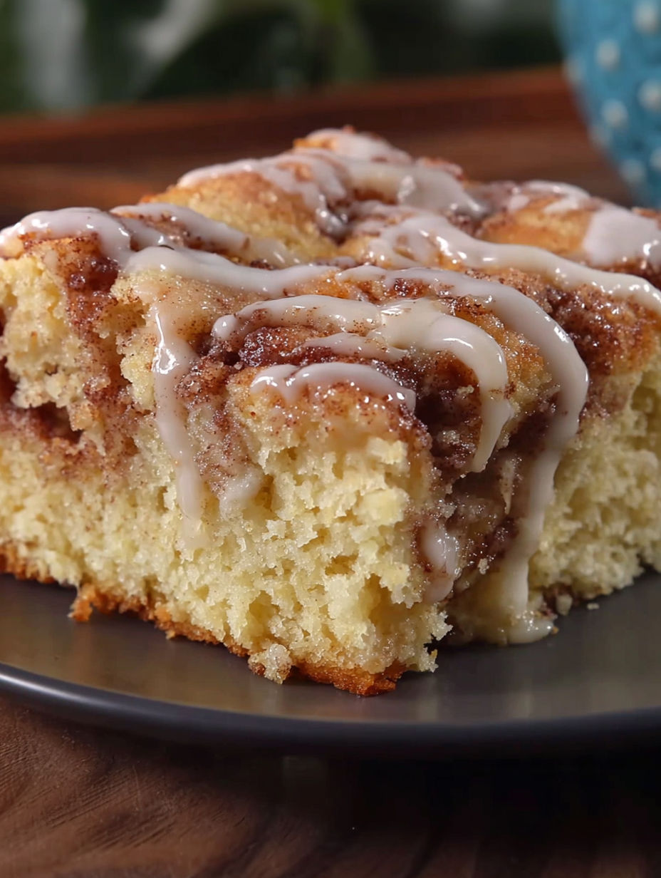 A slice of cinnabon cinnamon roll cake.