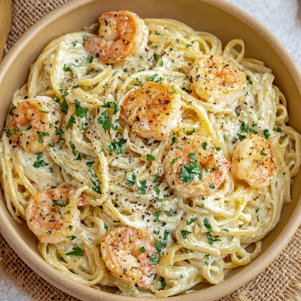 A bowl of spaghetti with shrimp and cream sauce.