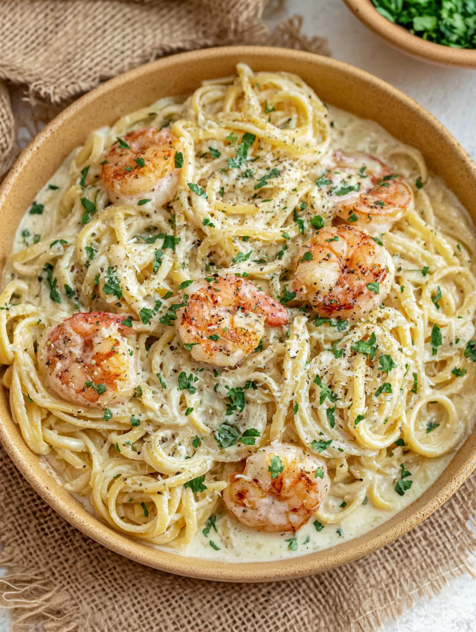 A bowl of spaghetti with shrimp and herbs.