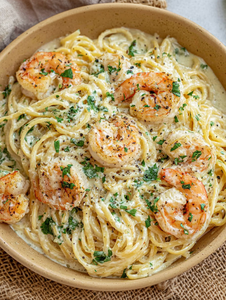 A bowl of spaghetti with shrimp and herbs.