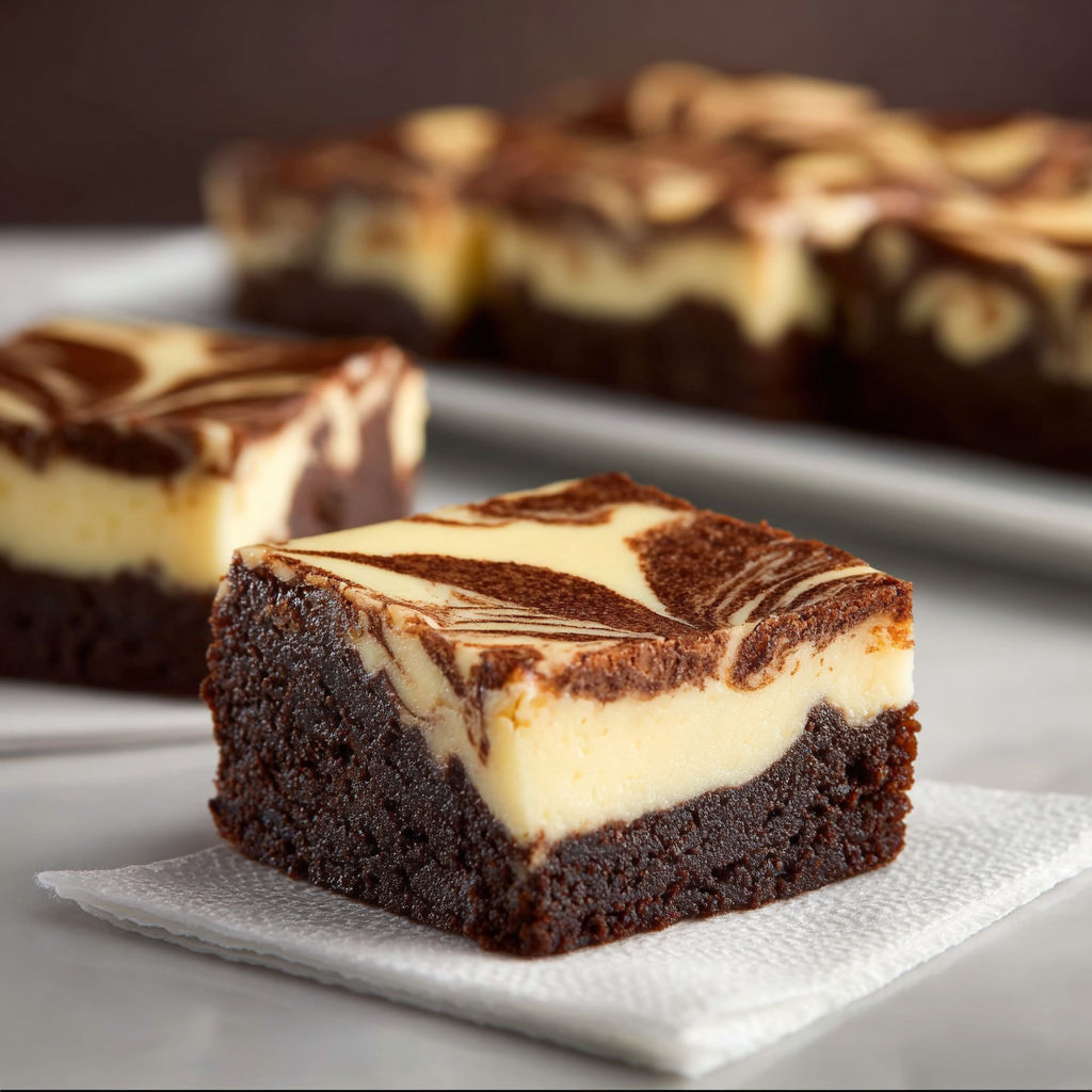 A square of chocolate cheesecake on a plate.