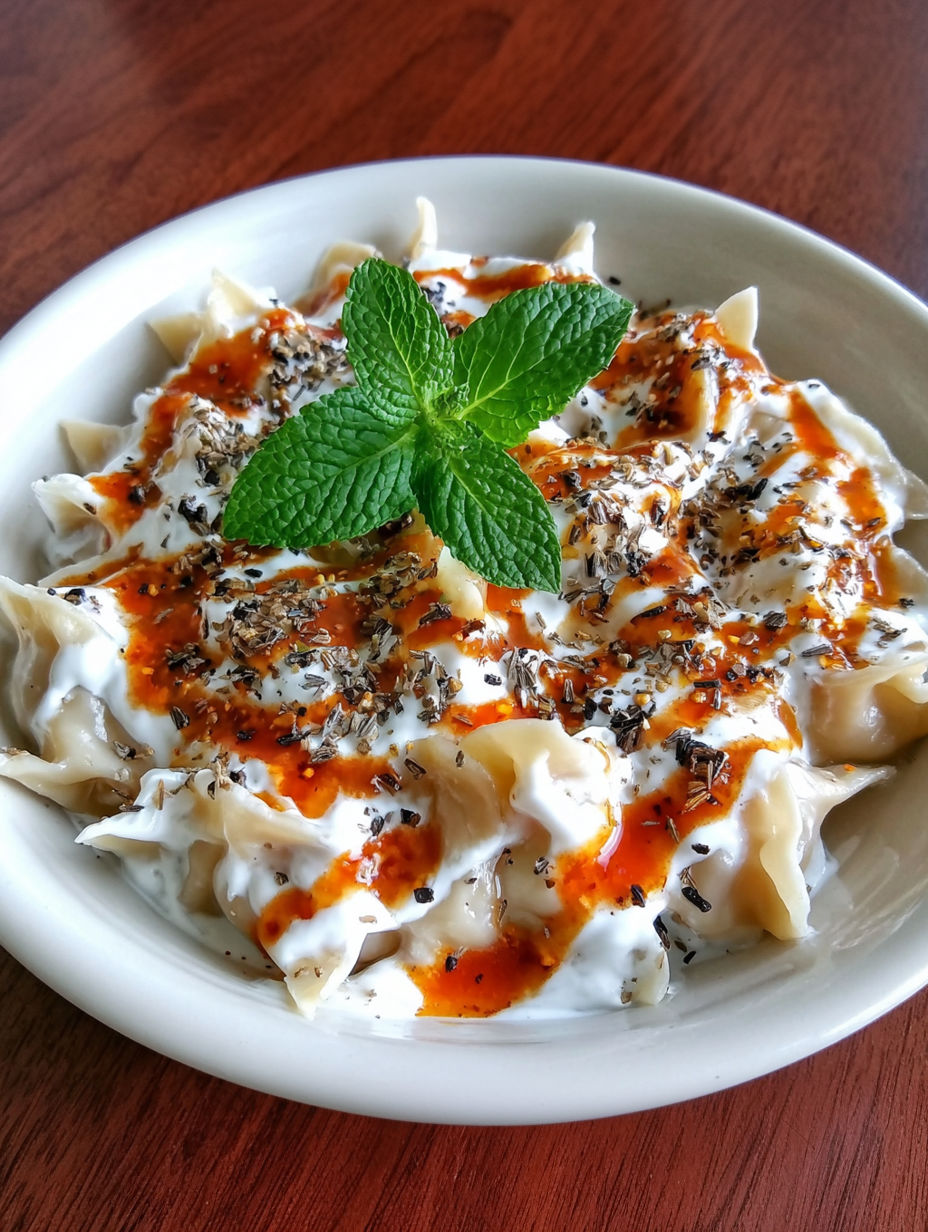 A bowl of pasta with a green leaf on top.