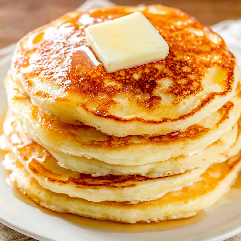 A stack of fluffy pancakes with butter on top.
