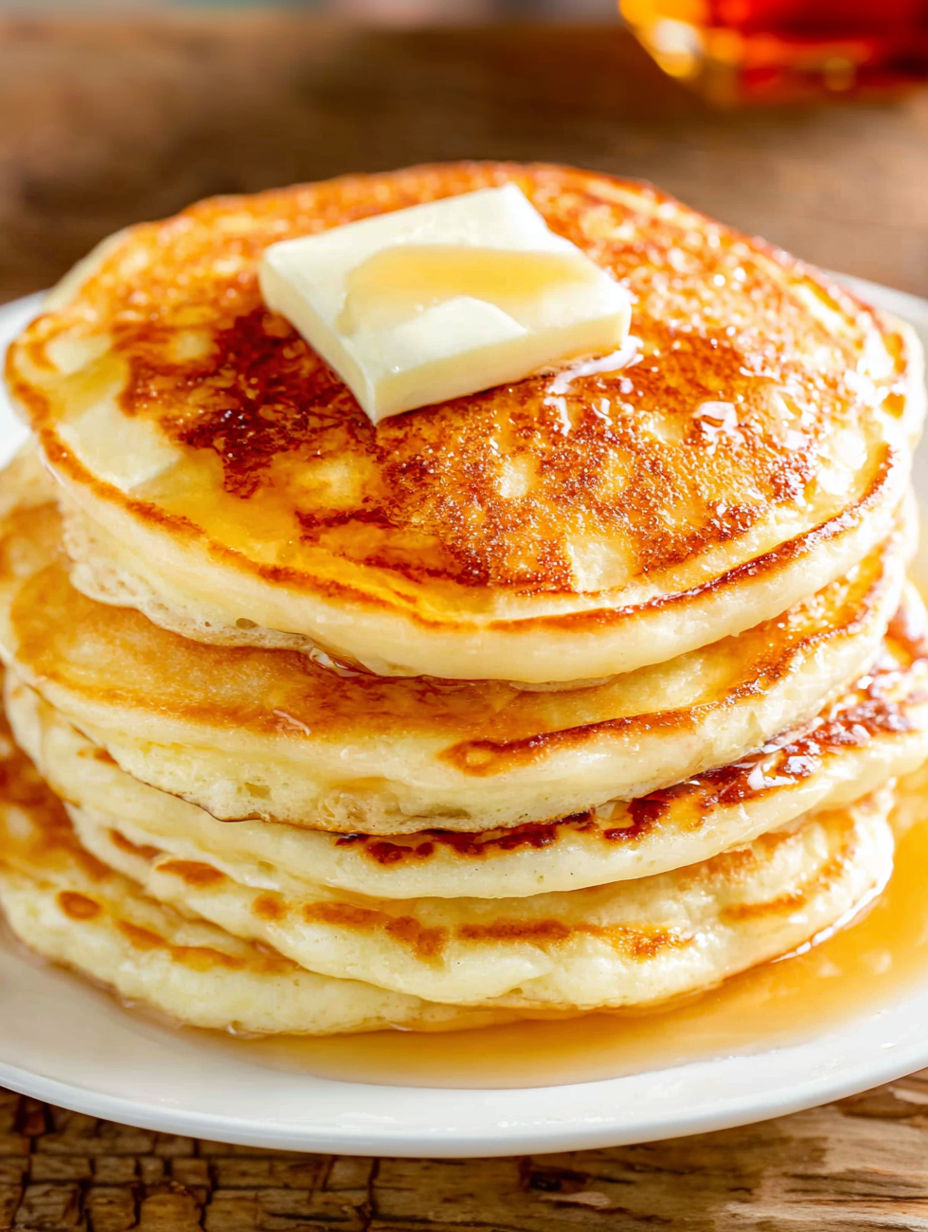 A stack of fluffy pancakes with butter on top.