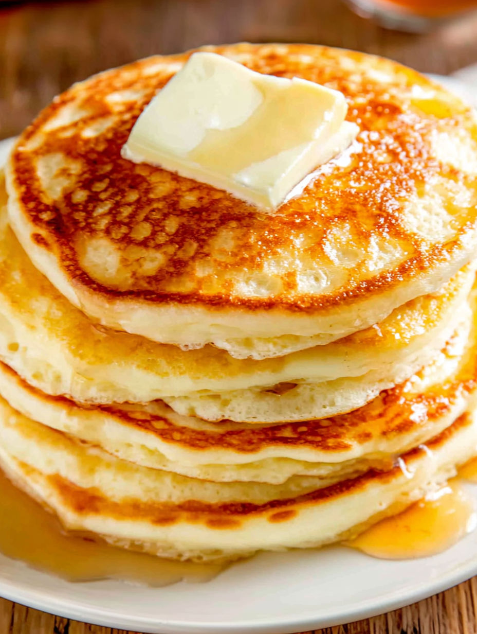 A stack of fluffy pancakes with butter on top.