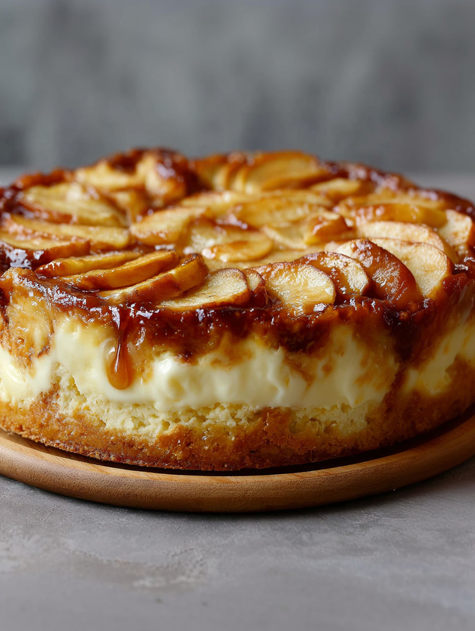 A slice of apple cake with vanilla pudding.