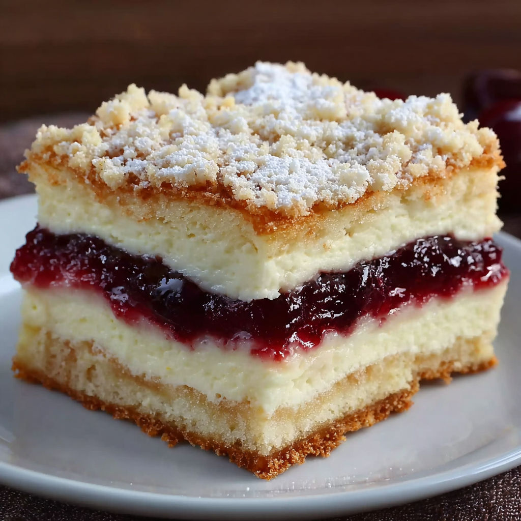 A slice of cake with white frosting and red fruit.