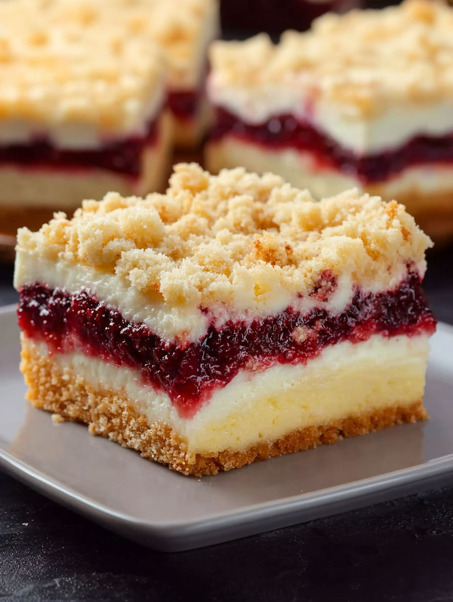 A slice of cake with a berry topping.