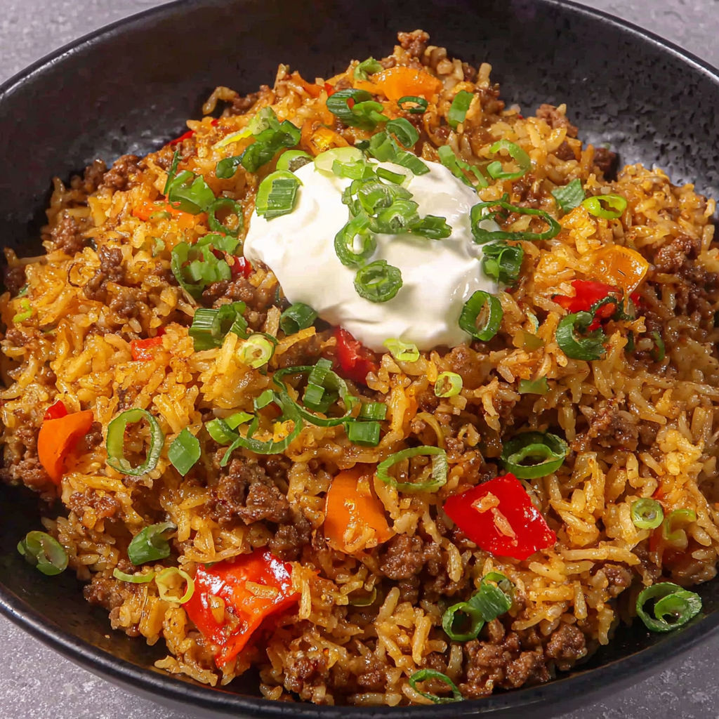 A bowl of rice with meat and vegetables.