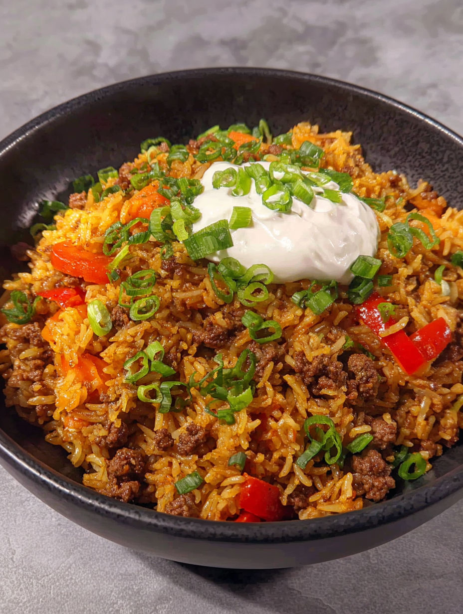A bowl of rice with meat and vegetables.