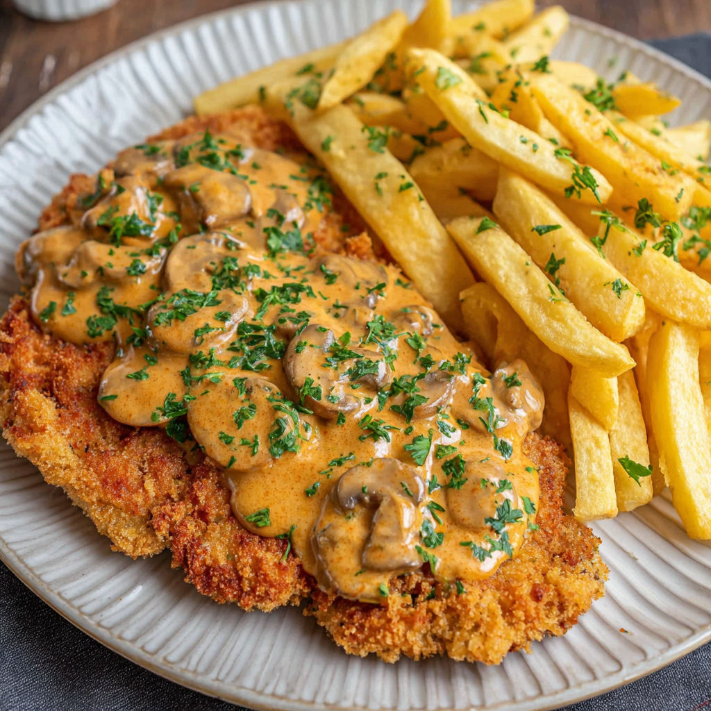 A plate of food with a piece of meat and fries.