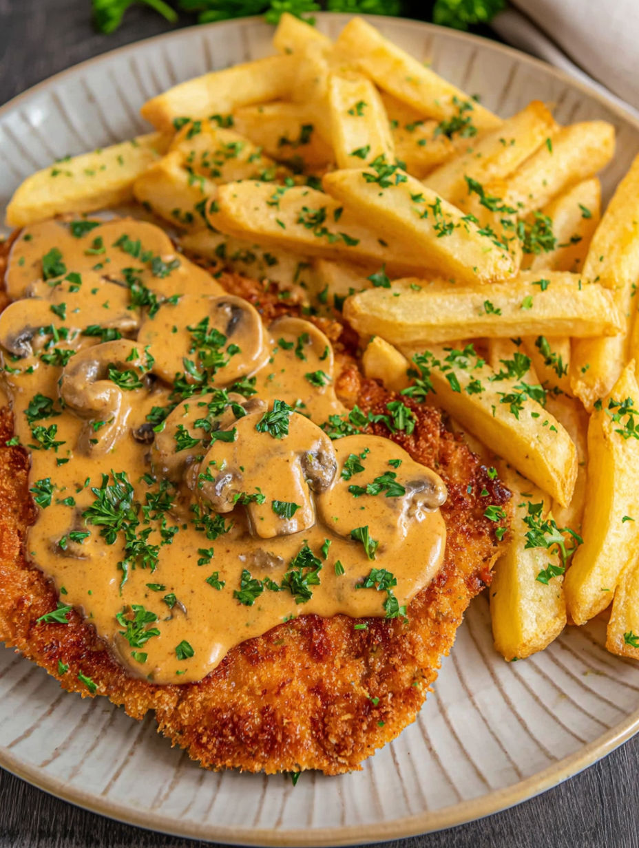 A plate of food with a piece of meat covered in a brown sauce and a side of fries.