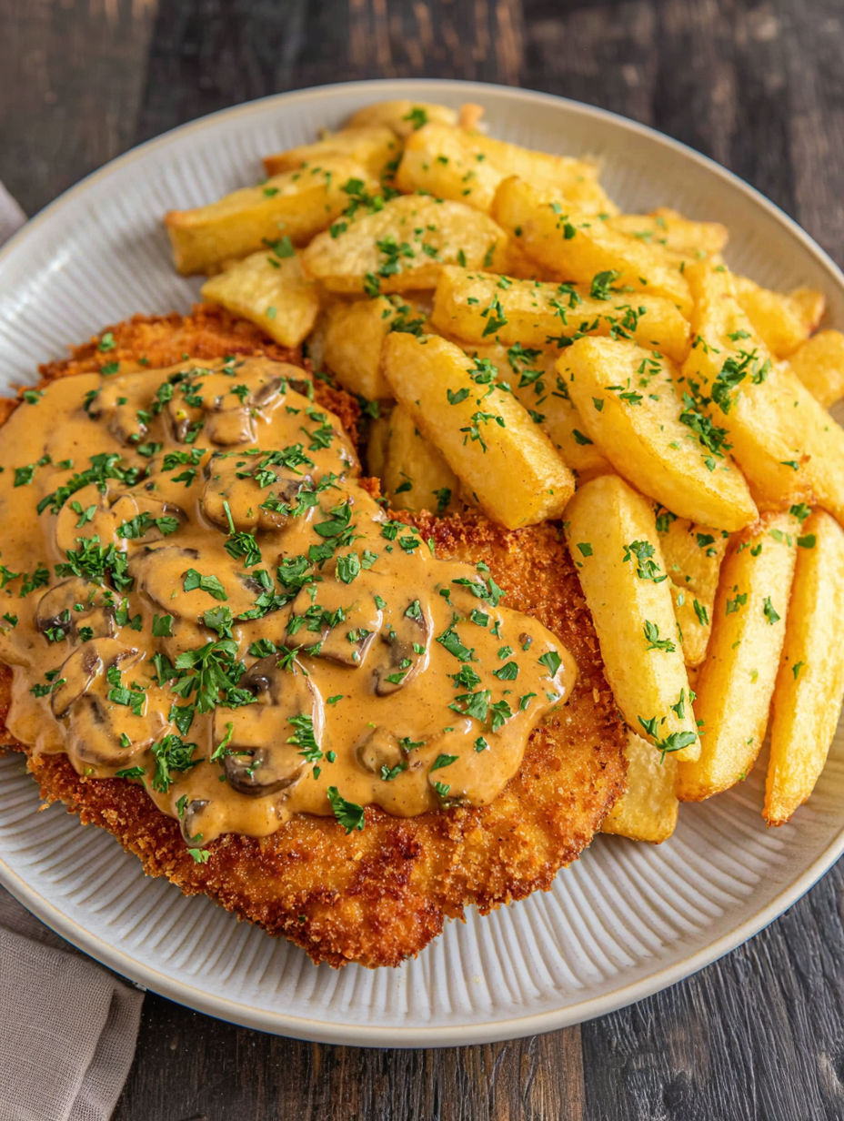 A plate of food with a piece of meat and fries.