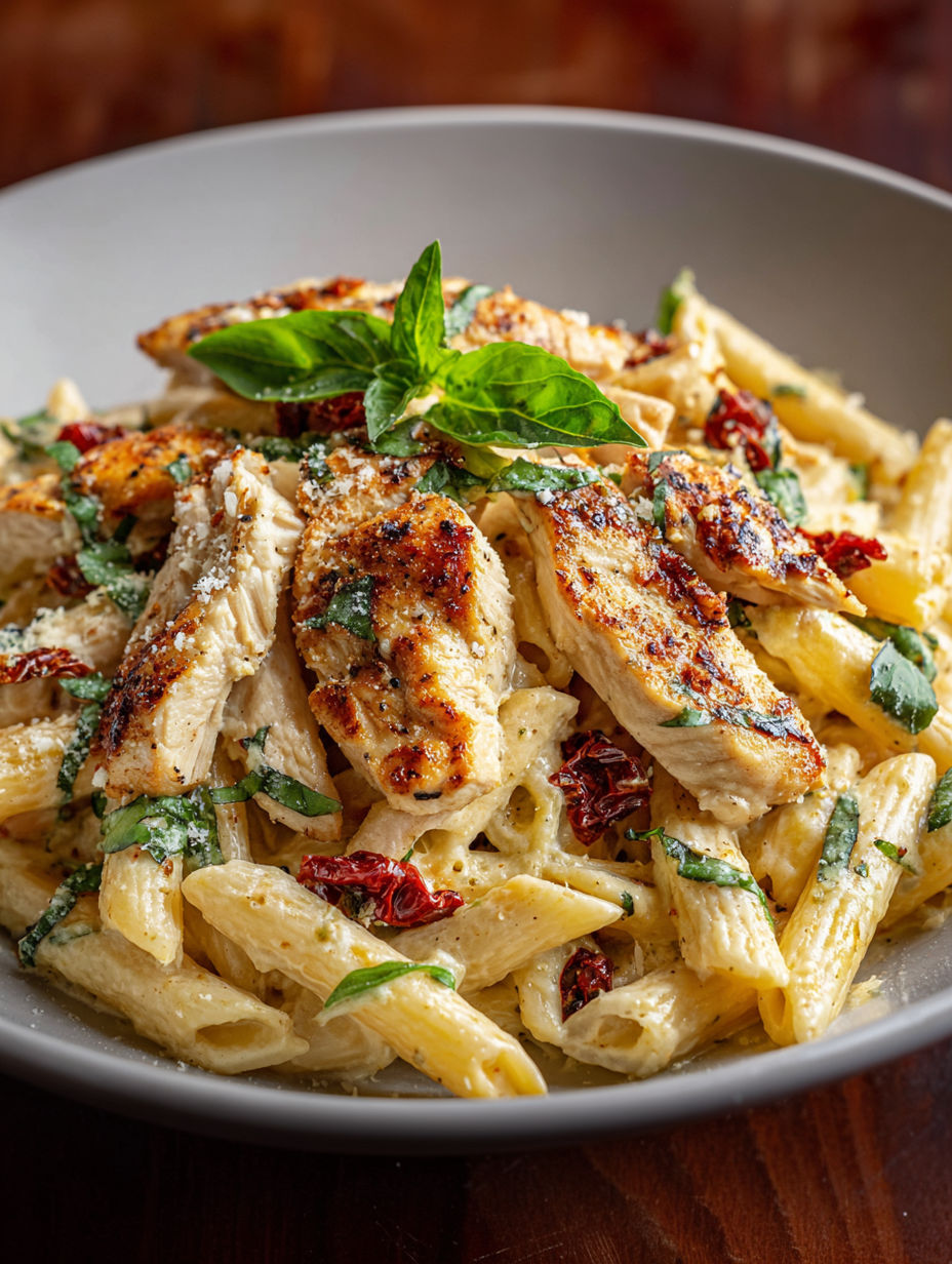 A plate of chicken and pasta with a green garnish.