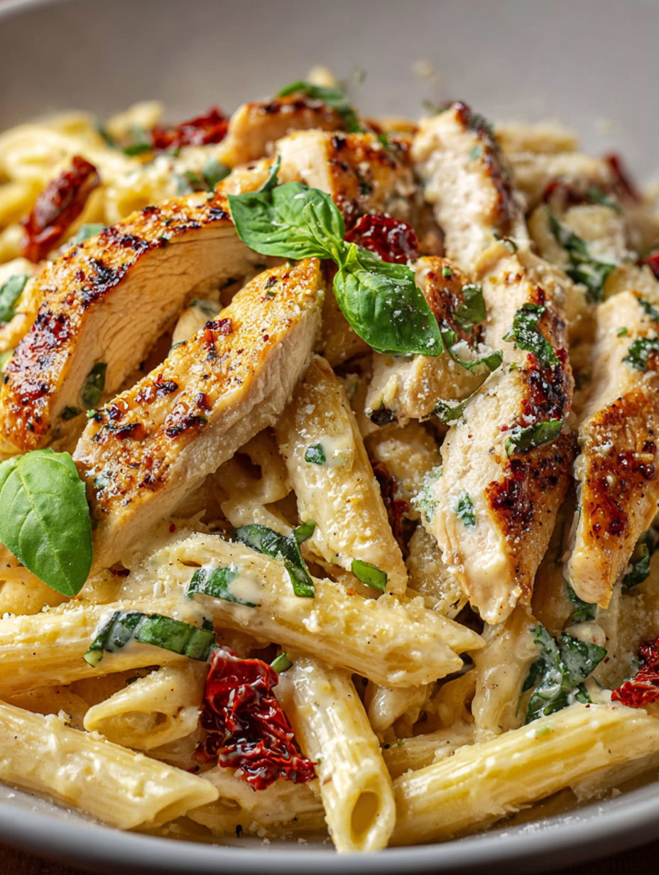 A delicious meal of chicken and pasta.
