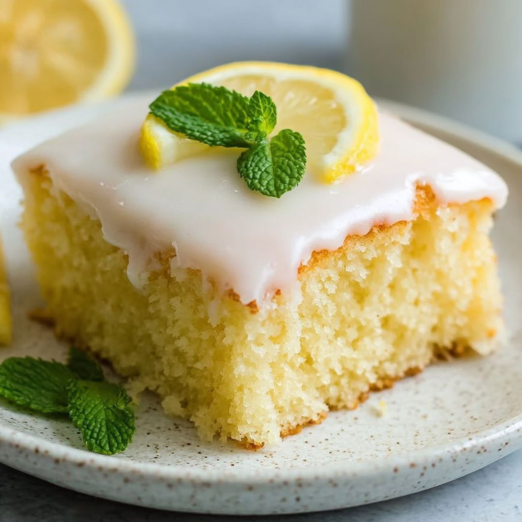 A slice of lemon cake with lemon and mint on top.