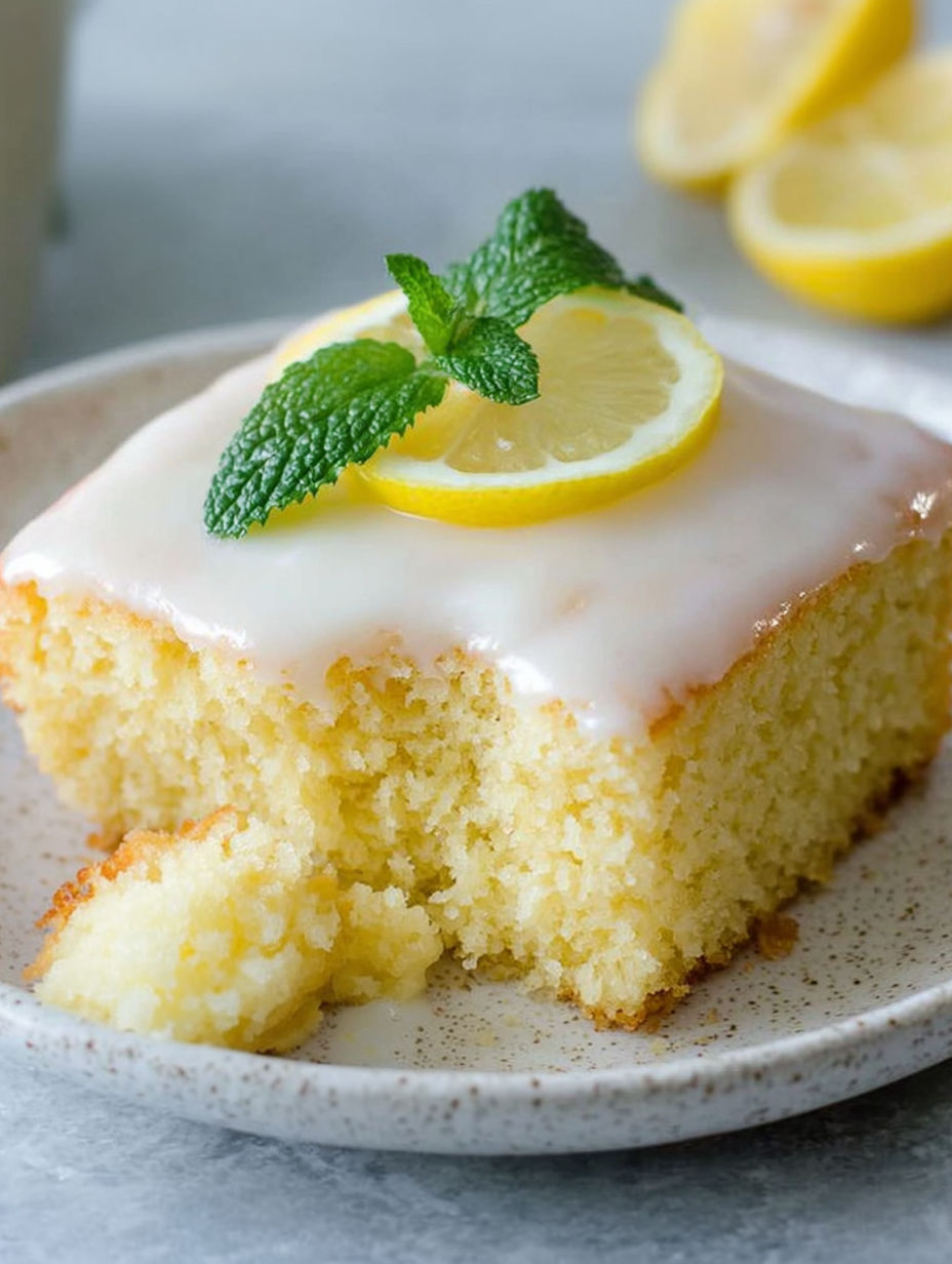 A slice of lemon cake with lemon slices on top.