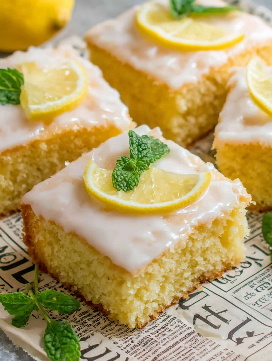 A slice of lemon cake with a lemon wedge on top.